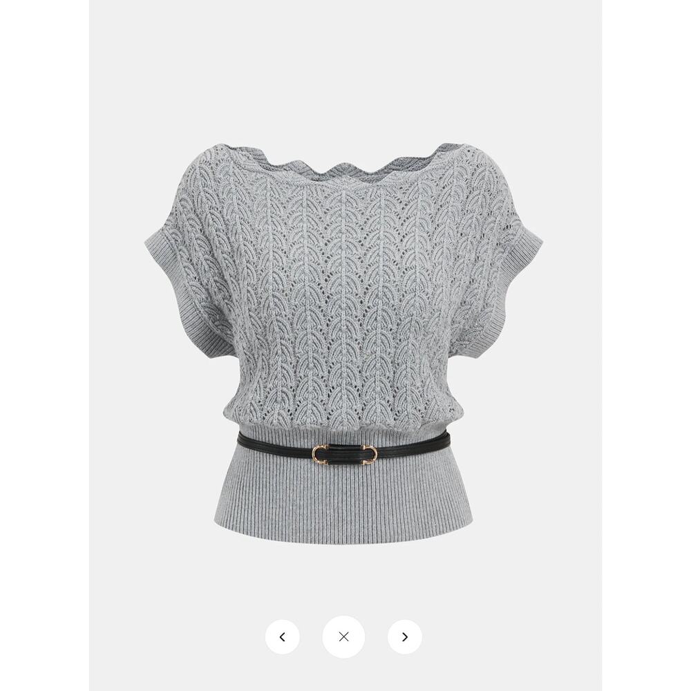 NWT Commense Scalloped Neck Belted Knit Top Sz M